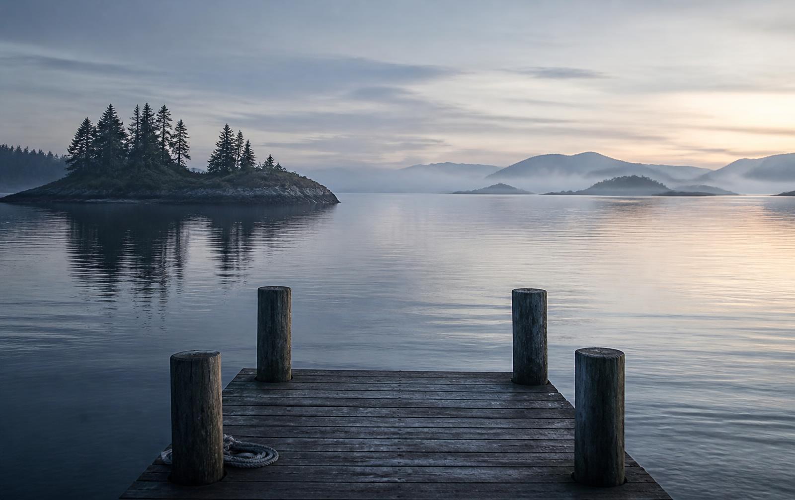 Quiet archipelago at dawn seen from a wooden dock